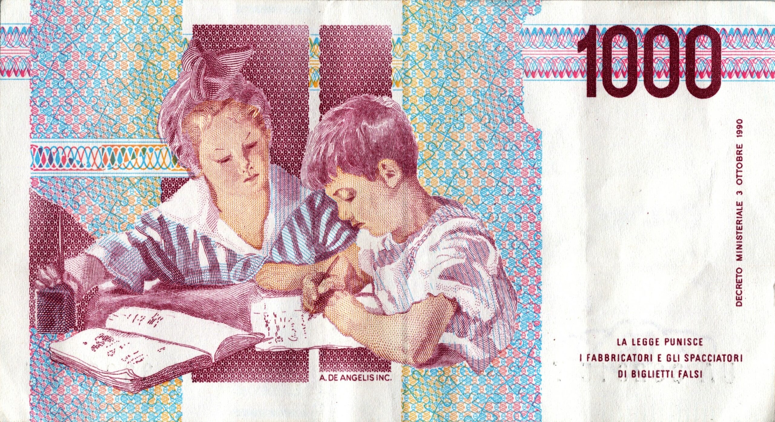 Billet de 1000 lires italiennes Maria Montessori de 1990, gros plan détaillé pour illustrer sa valeur actuelle