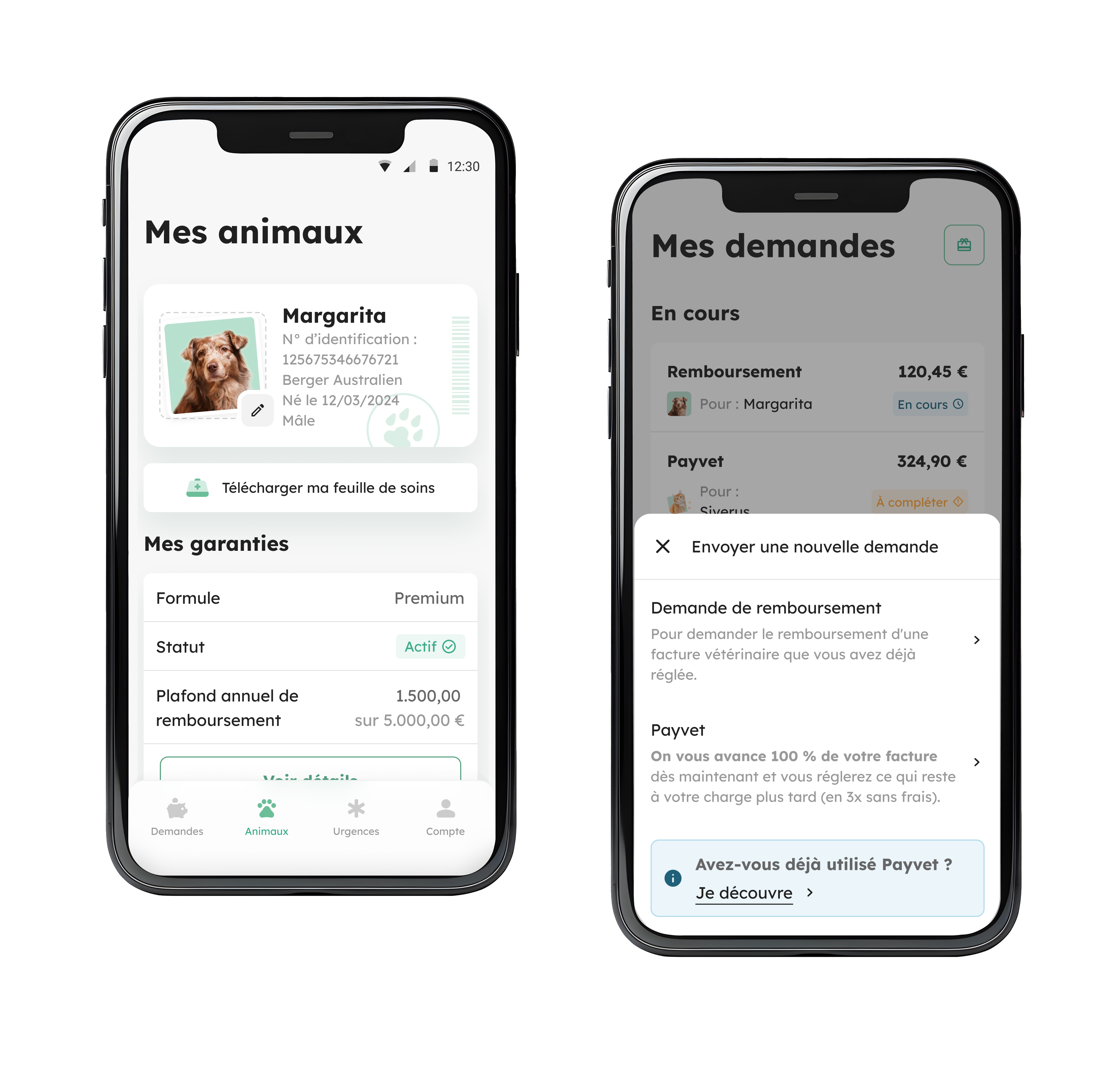 Interface de l'application SantéVet permettant de gérer facilement son contrat d'assurance santé animale