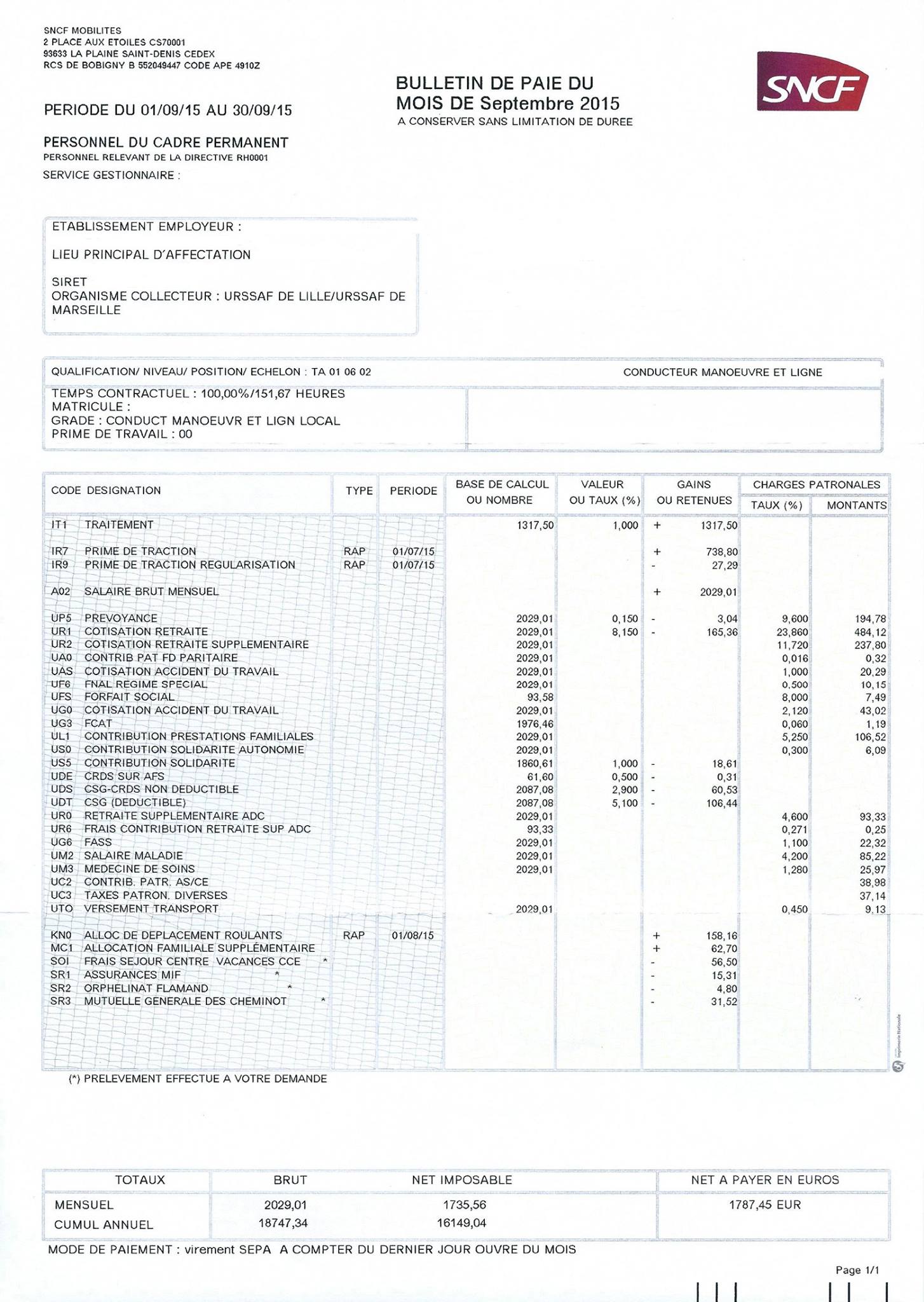 Bulletin de paie salaire 1895 brut