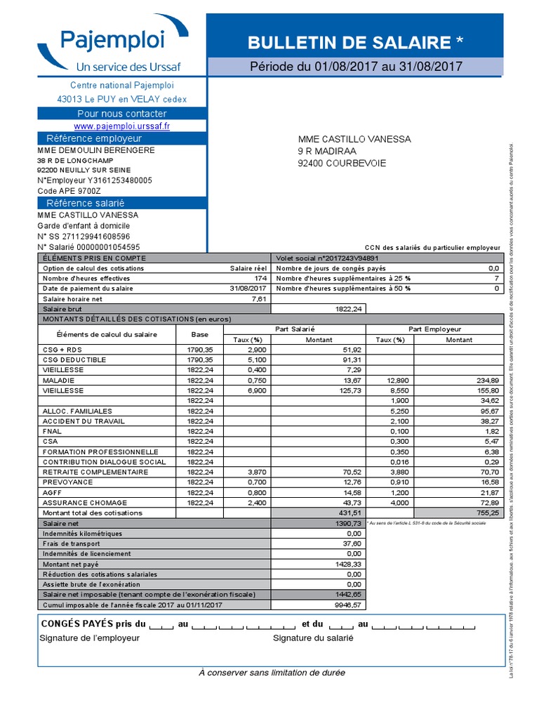 Bulletin de salaire Brut Net