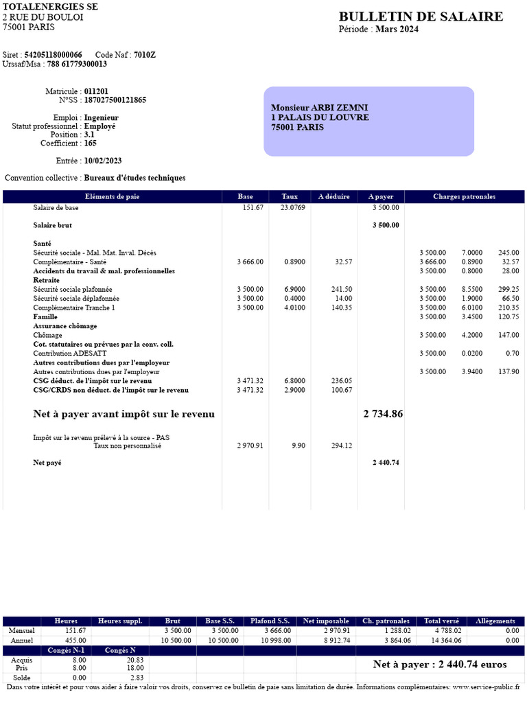 Exemple de fiche de paie mettant en évidence un salaire de 1790 euros brut