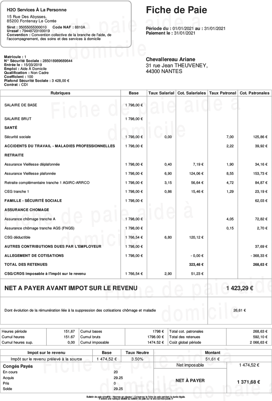 fiche de paie salaire brut net