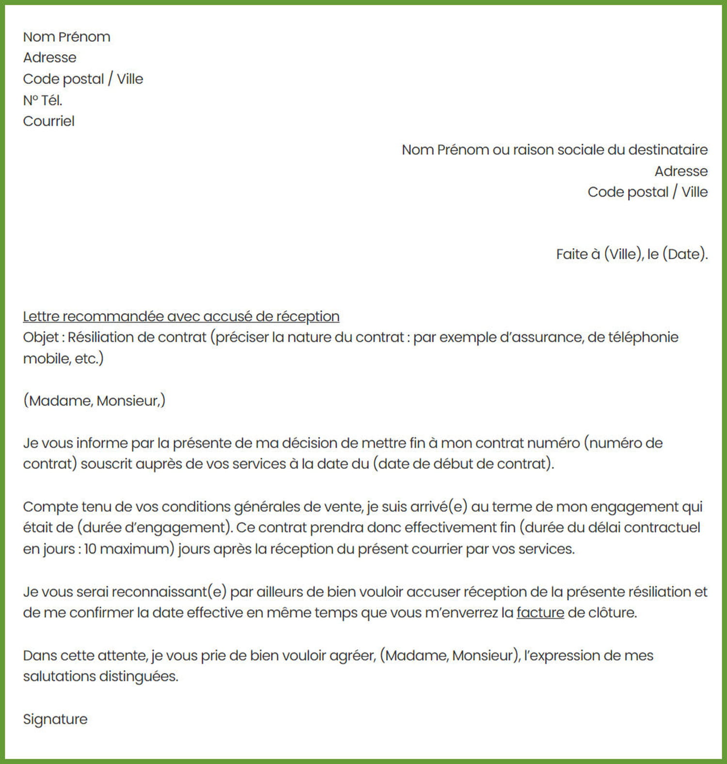 Lettre de résiliation salle de sport