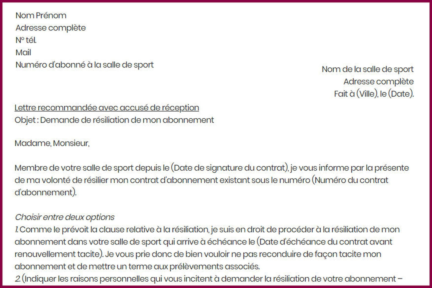 Modèle de lettre résiliation salle de sport
