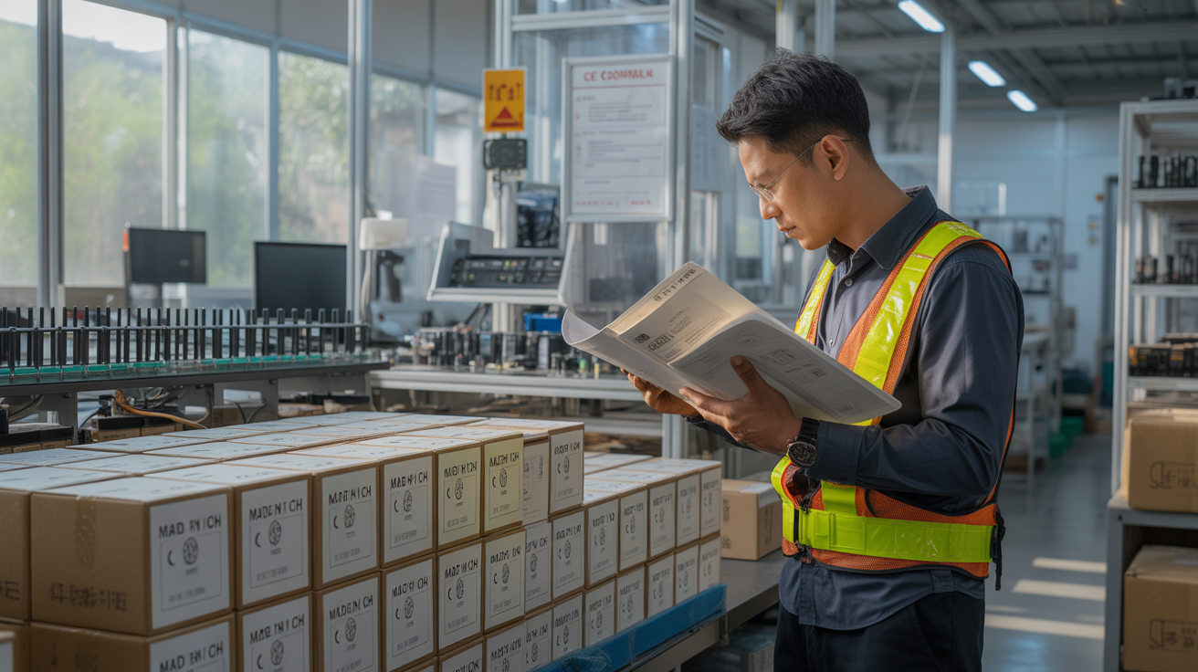 Inspecteur qualité vérifiant des produits électroniques dans une usine chinoise moderne avec des documents de certification CE.