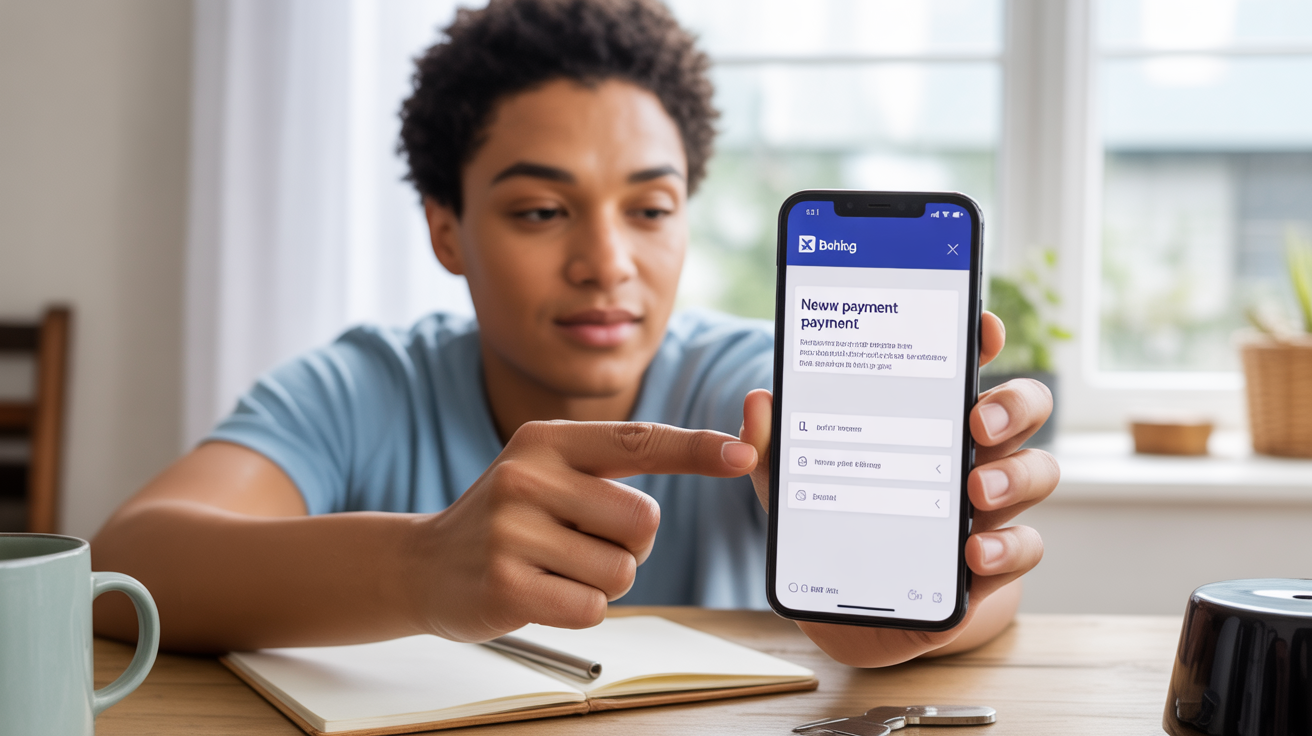 Personne réaliste activant une nouvelle fonctionnalité de paiement dans une application bancaire sur smartphone, assise dans un intérieur lumineux et naturel.