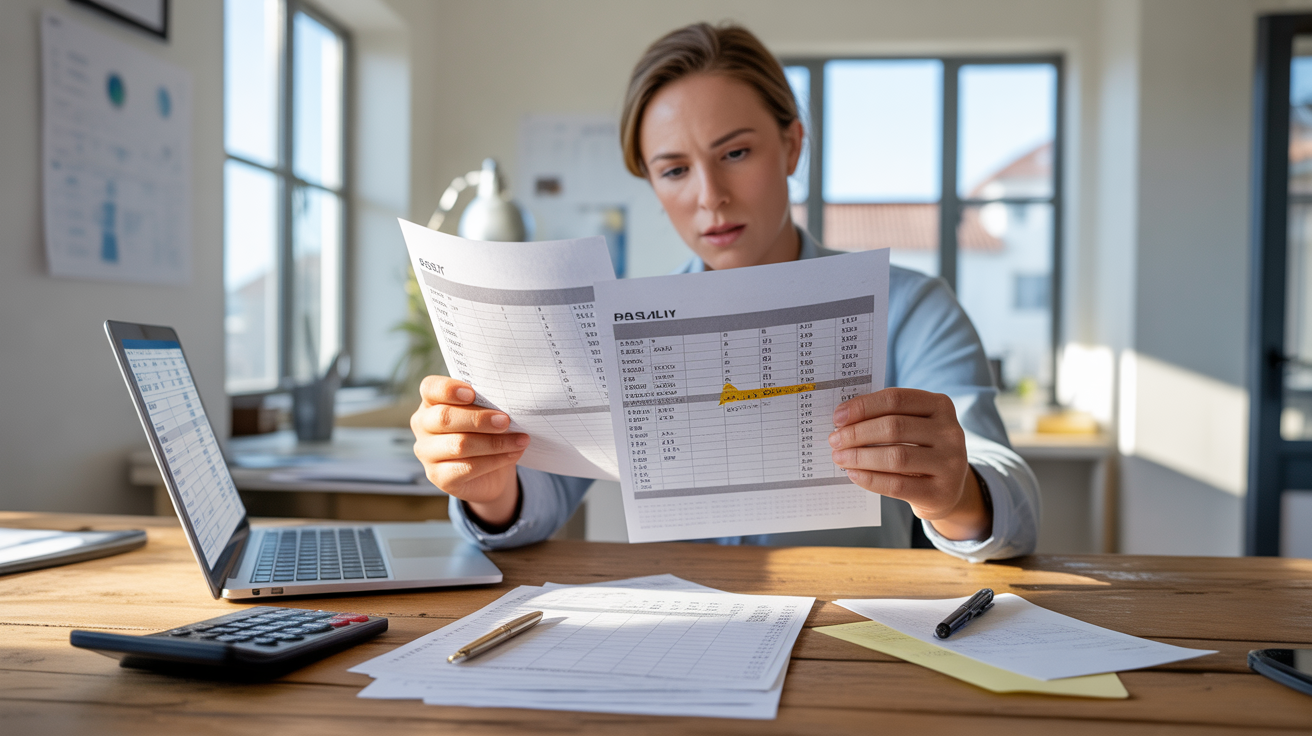 Employé analysant une fiche de paie et des documents financiers dans un bureau lumineux et réaliste.