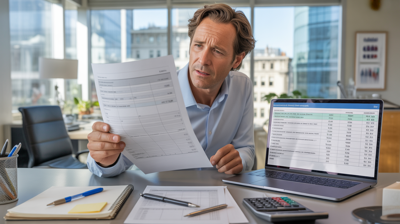 Cadre dans un bureau moderne analysant un calcul de salaire avec documents et ordinateur dans une scène réaliste.
