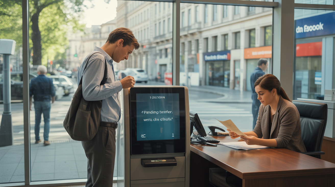 Scène réaliste dans une agence bancaire un samedi matin, avec un client consultant un terminal et une ambiance authentique de week-end.
