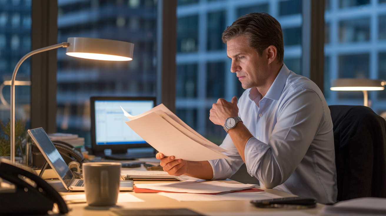 Cadre travaillant tard dans un bureau réaliste, éclairé par une lampe, entouré de documents et d’éléments professionnels authentiques.