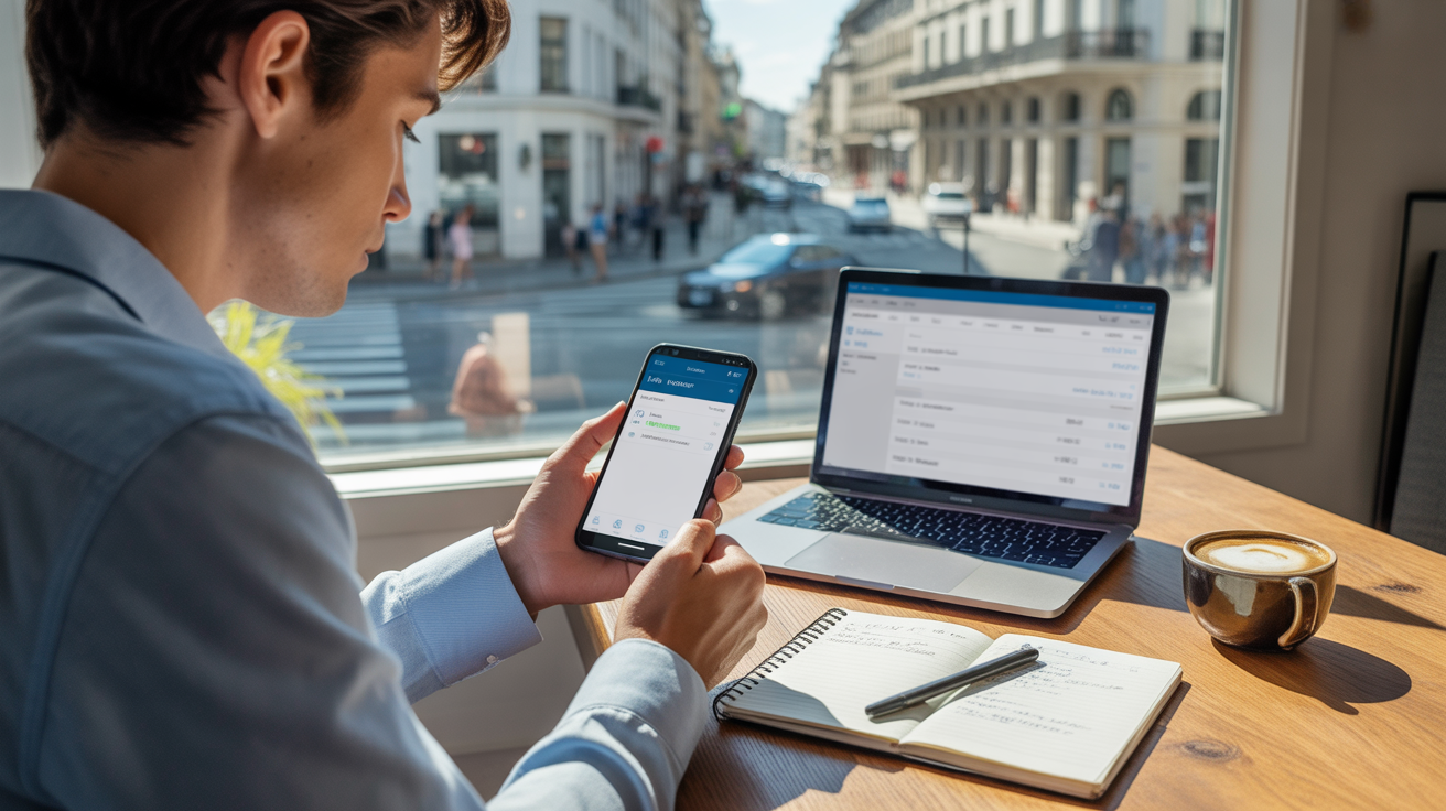 Personne consultant une application bancaire sur un smartphone un jeudi matin, avec un bureau réaliste et une scène urbaine authentique en arrière-plan.