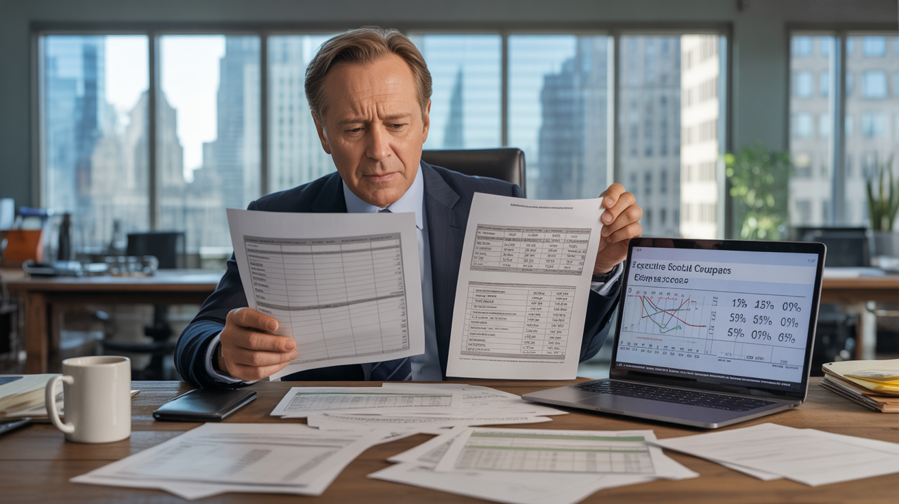Scène réaliste d'un cadre analysant des documents de cotisations sociales dans un bureau moderne.