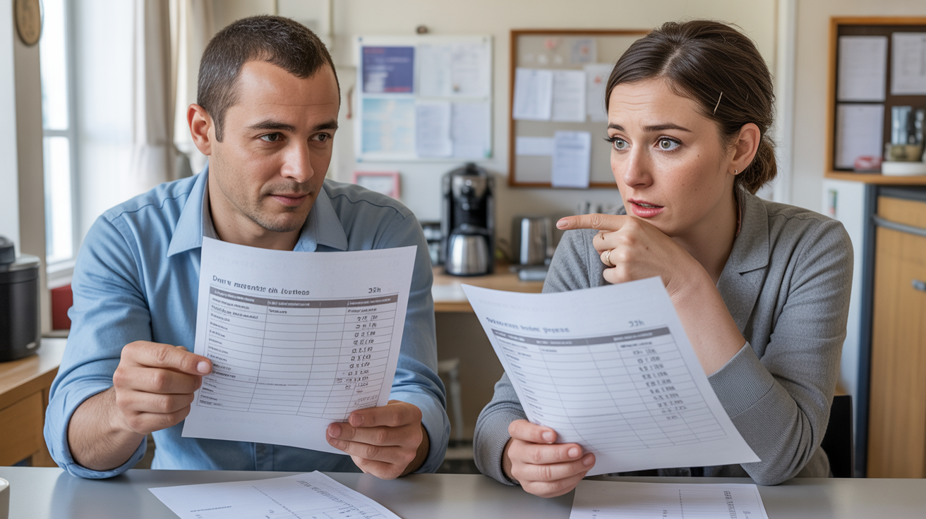 Deux employés français discutant naturellement de leurs fiches de paie dans une salle de pause de bureau, illustrant la différence entre un temps de travail de 35h et 39h.