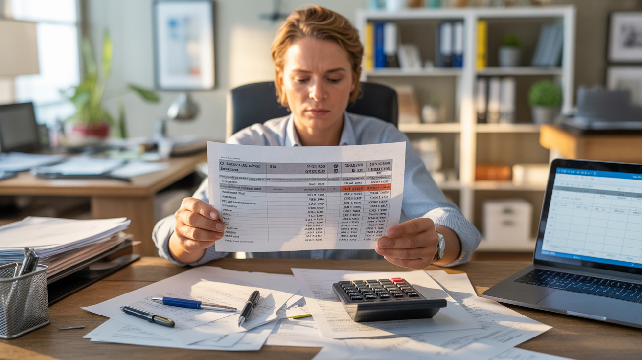 Scène réaliste dans un bureau où un employé examine sa fiche de paie avec le détail du salaire et des heures supplémentaires.