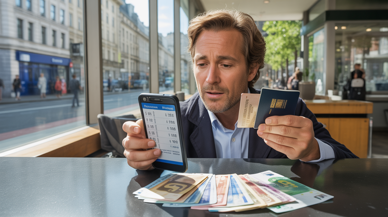 Scène réaliste dans une banque européenne avec une personne consultant des frais de virement à l'étranger sur son téléphone, entourée de différentes devises et d'un décor naturel et authentique.