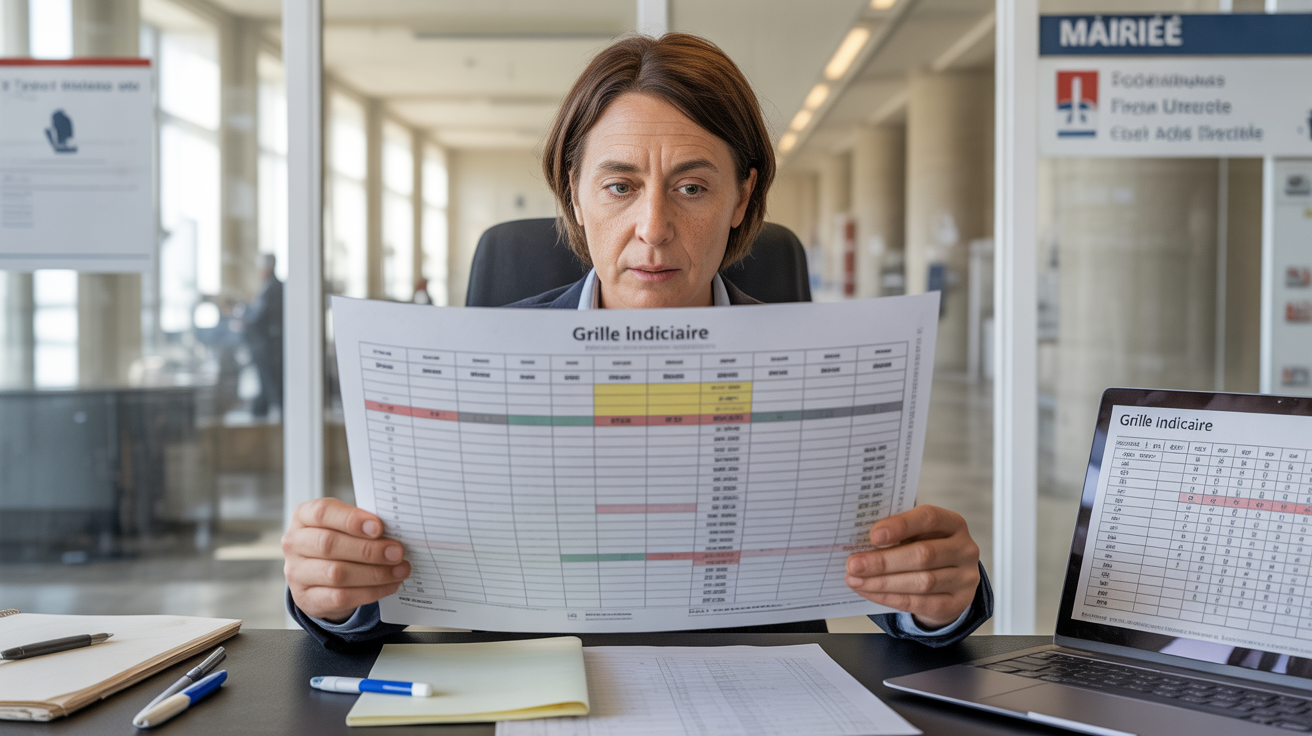 Scène réaliste dans un bureau d'administration française avec un agent étudiant une grille indiciaire de la fonction publique.