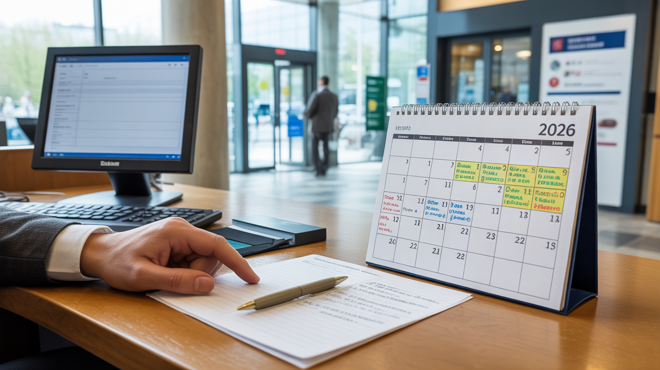 Scène réaliste dans une agence bancaire française avec un calendrier 2026 annoté et un virement en attente sur un ordinateur.