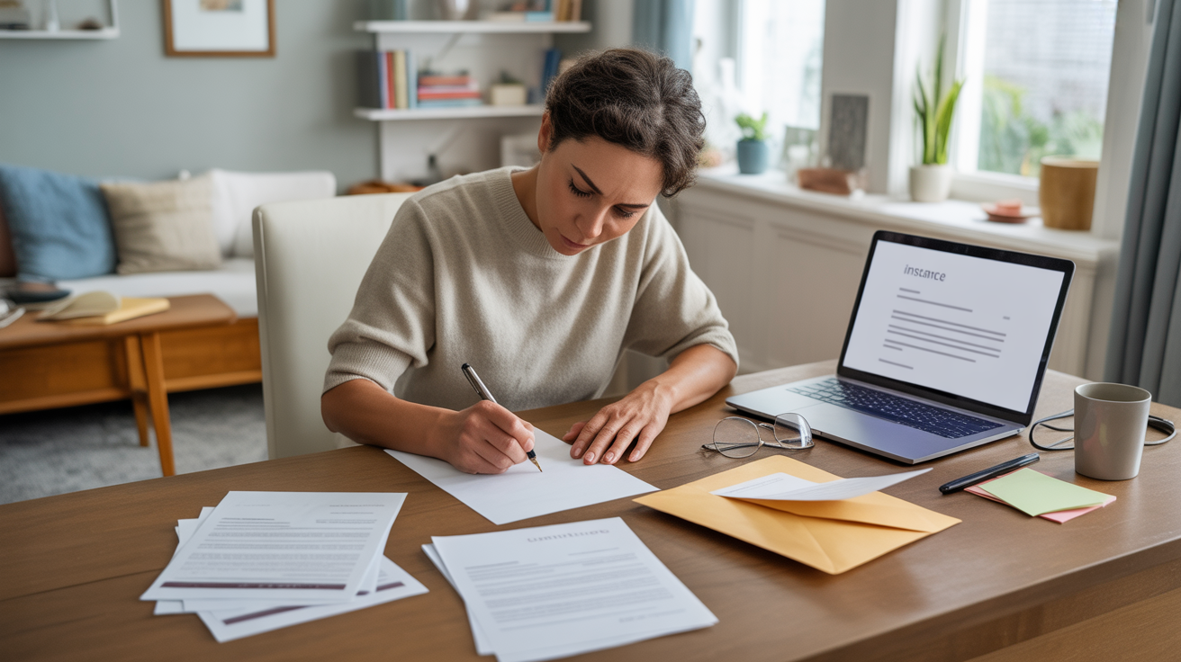 Personne rédigeant une lettre de résiliation d’assurance sur un bureau réaliste avec documents, enveloppe et lumière naturelle.