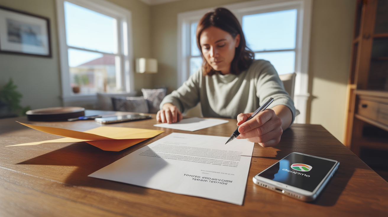 Personne rédigeant une lettre de résiliation téléphonique sur un bureau en bois dans un intérieur lumineux et réaliste.