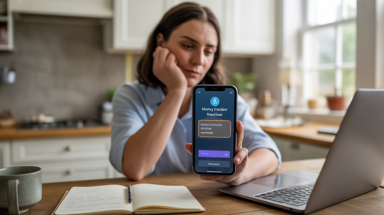 Scène réaliste d’une personne consultant une application bancaire sur son smartphone avec un message indiquant une limite de virement atteinte, dans une cuisine éclairée naturellement.