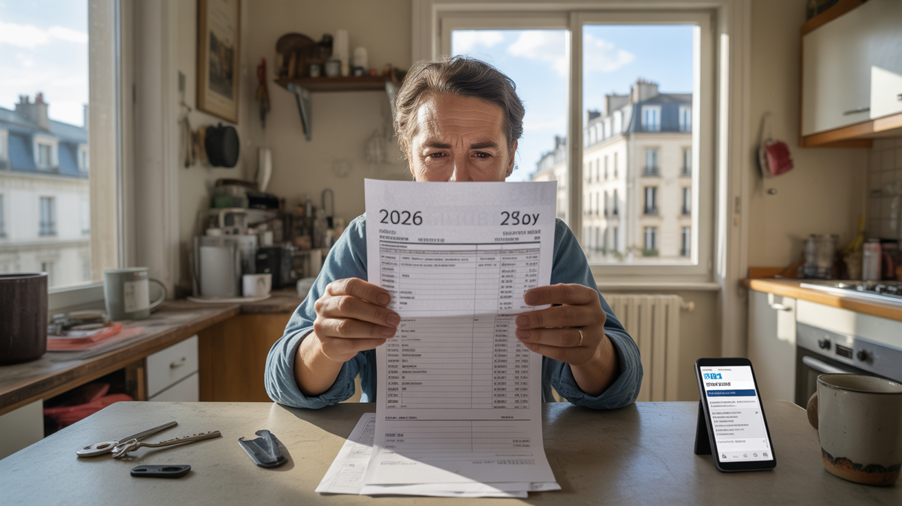 Travailleur français examinant une fiche de paie sur une table de cuisine dans un appartement réaliste, symbolisant la mise à jour du SMIC 2026.