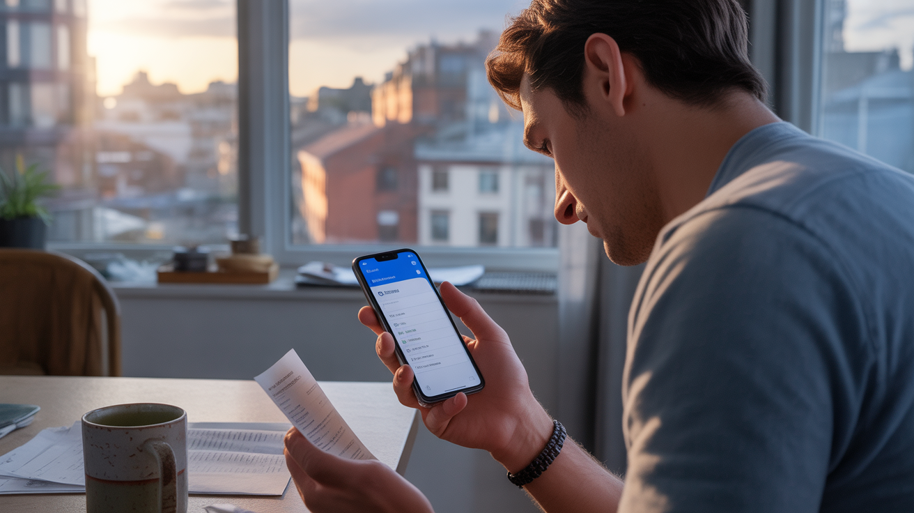 Personne dans un appartement vérifiant une notification de virement sur son smartphone en fin d’après‑midi, avec une lumière naturelle et une scène réaliste.