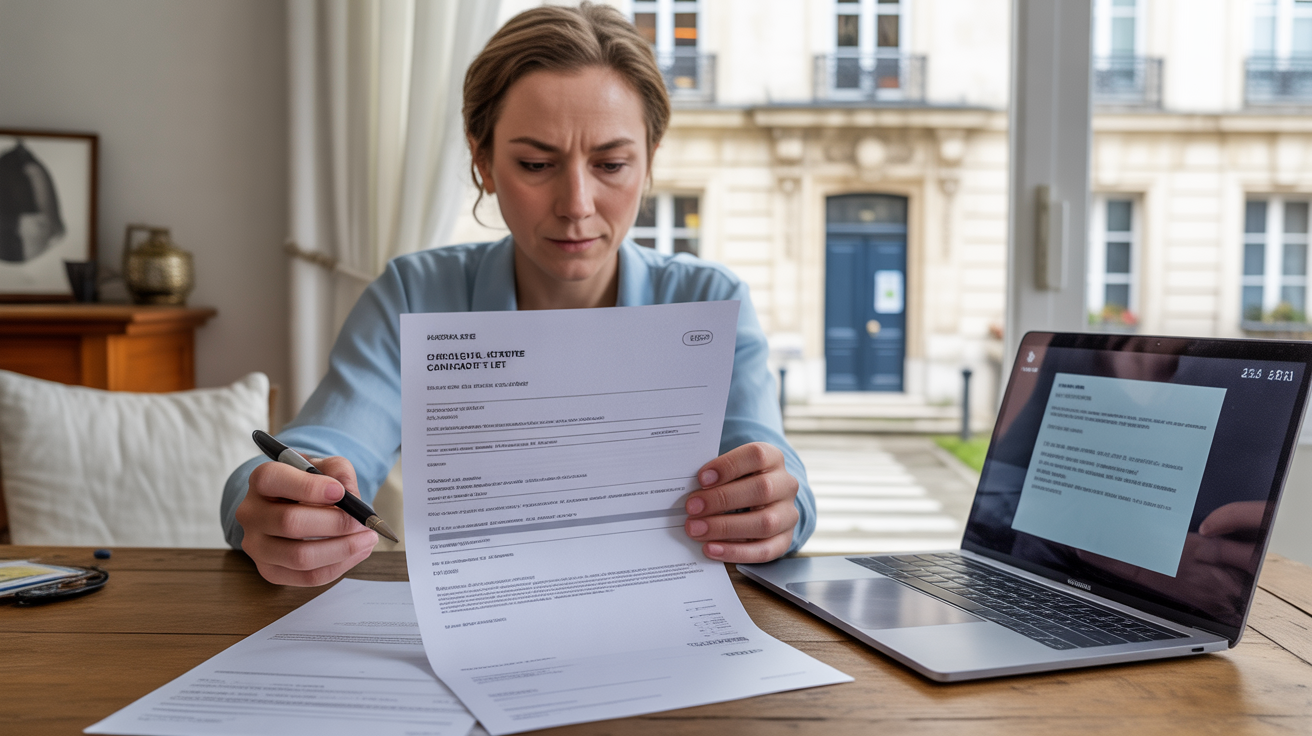 Scène réaliste d’une personne rédigeant une lettre de résiliation à son bureau, avec documents et bâtiment administratif en arrière-plan.