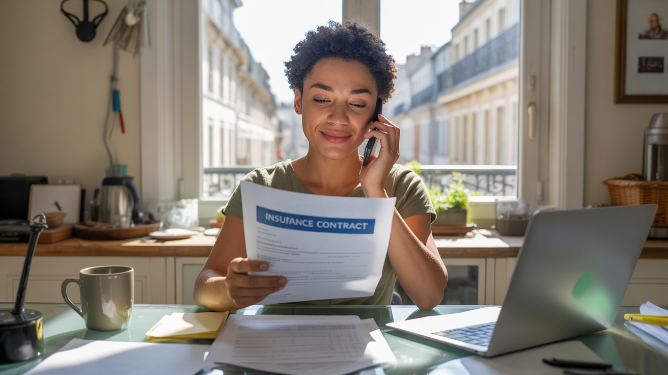 Personne vérifiant un contrat d’assurance dans un appartement lumineux tout en appelant le service client, scène réaliste et naturelle.
