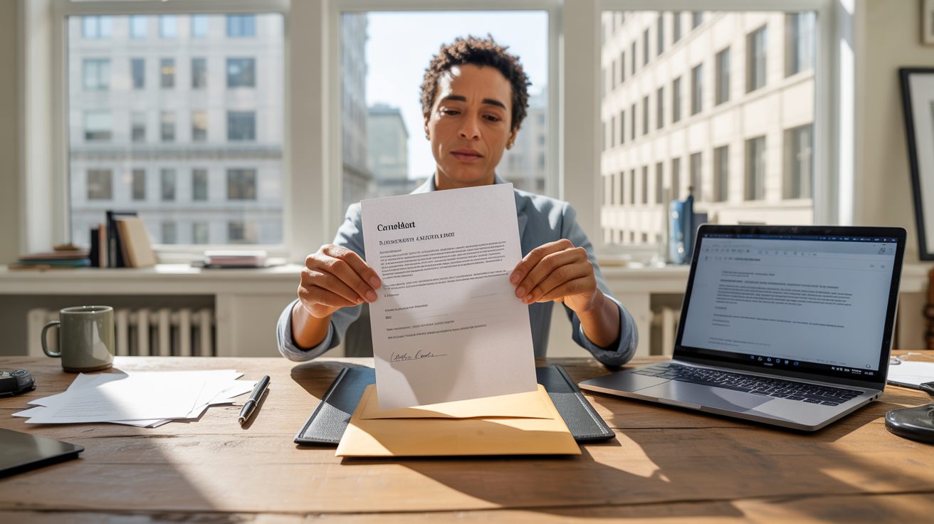 Scène réaliste d’une personne résiliant un contrat dans un bureau lumineux et authentique.