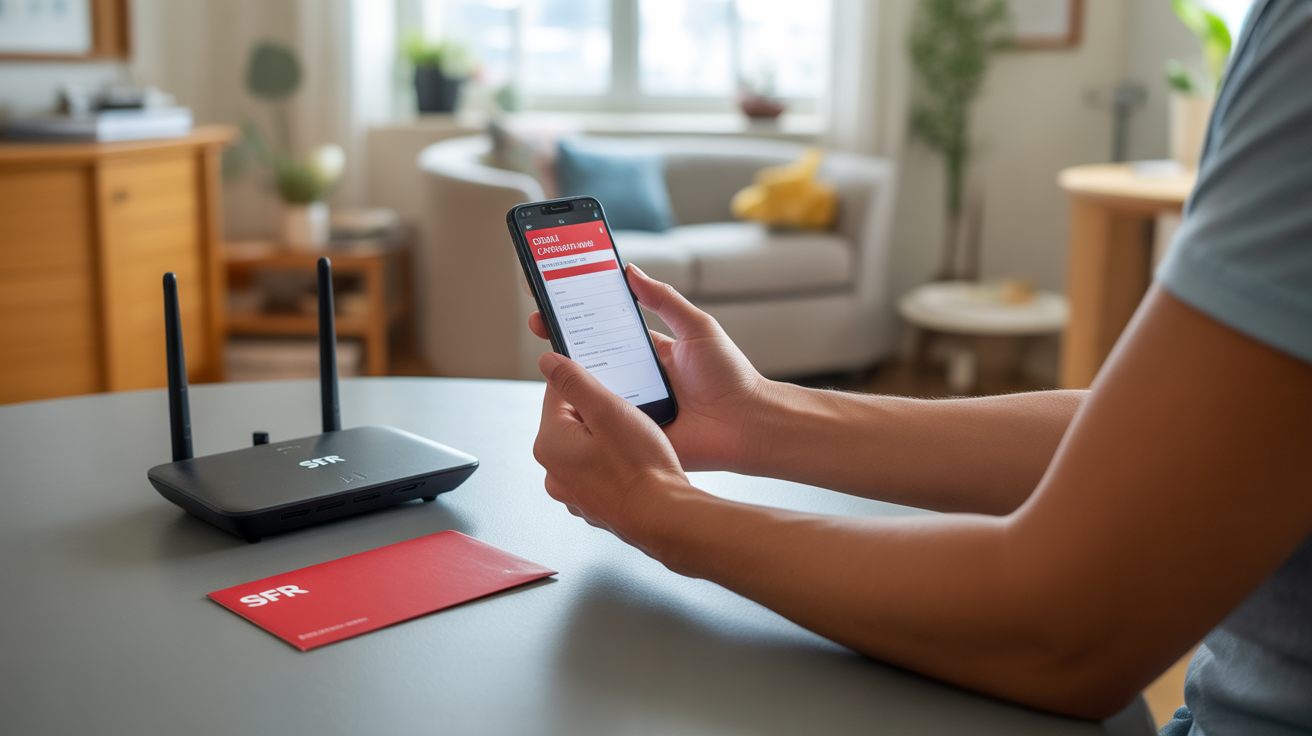 Personne annulant un forfait SFR ou RED sur un smartphone posé sur un bureau réel avec documents et routeur.