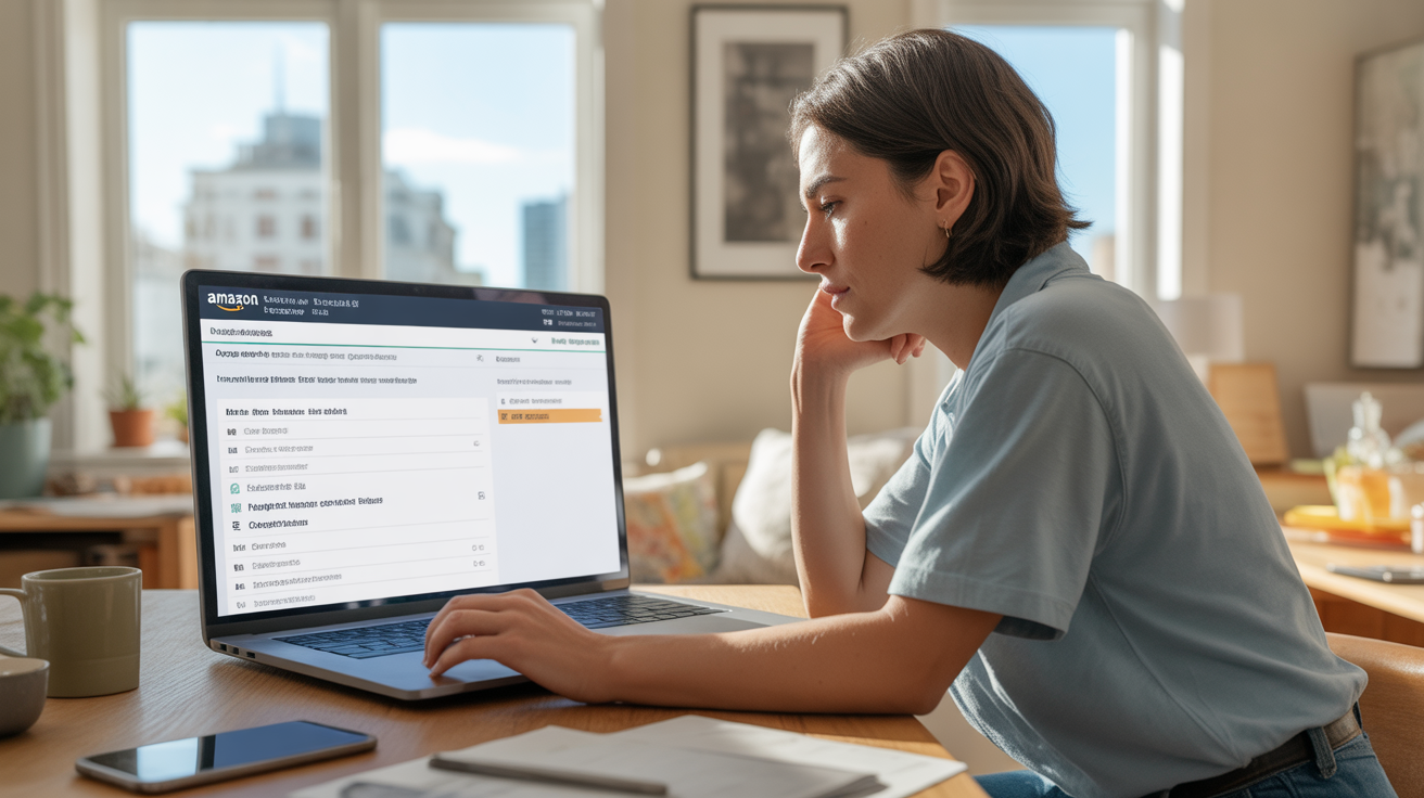 Personne à un bureau regardant la page de gestion d’abonnement Amazon sur un ordinateur portable dans un salon lumineux et réaliste.