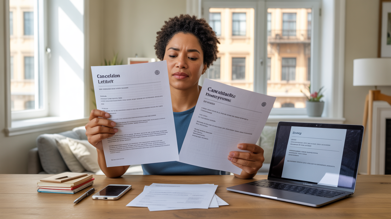Personne examinant des documents d'assurance pour une résiliation dans un salon lumineux et réaliste