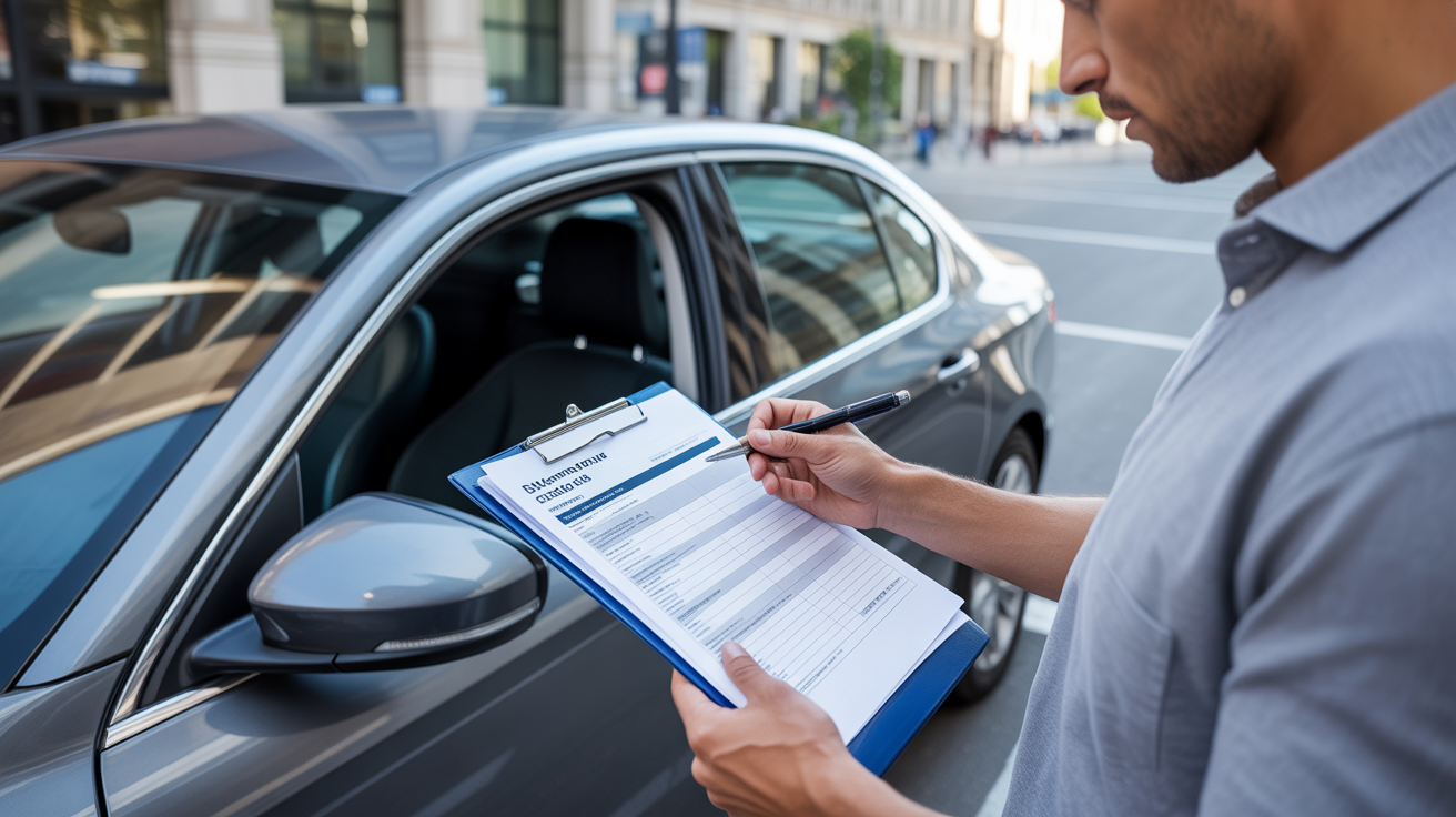 Conducteur examinant des documents d’assurance auto devant sa voiture garée, dans une scène réaliste en extérieur avec un bâtiment administratif en arrière-plan.