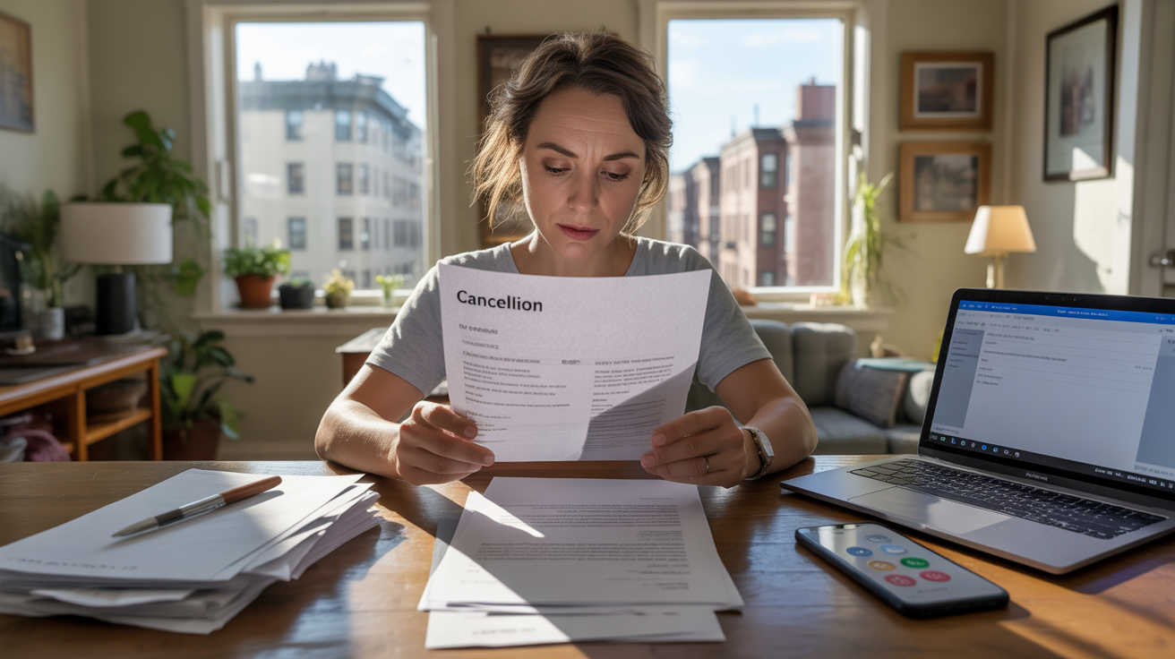 Personne assise à une table de cuisine en train de préparer la résiliation de son assurance habitation dans un appartement réaliste et lumineux.