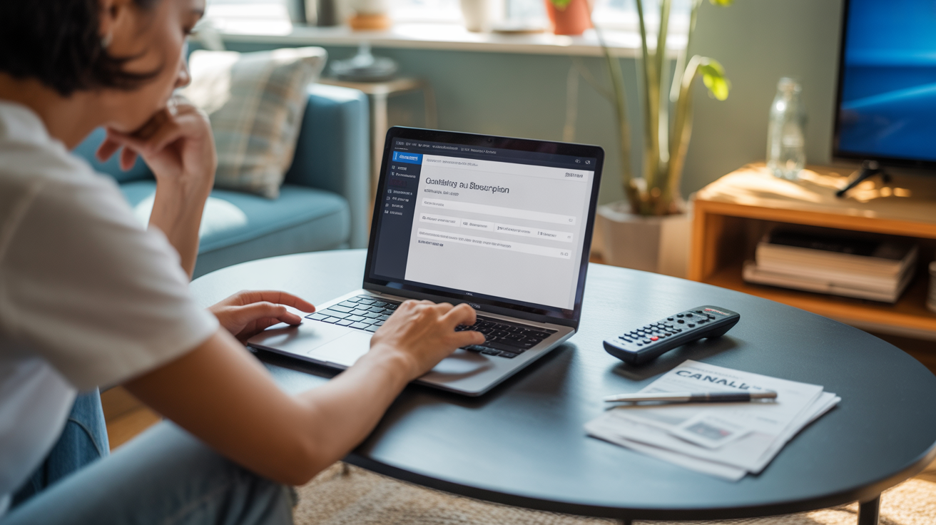Personne résiliant calmement son abonnement télé depuis un salon réaliste avec un ordinateur portable et une télécommande Canal+ posée sur la table.