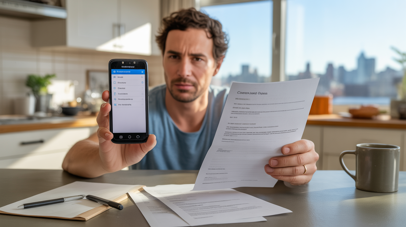 Personne assise à une table de cuisine examinant des documents de forfait mobile avec un smartphone, dans un appartement lumineux et réaliste.
