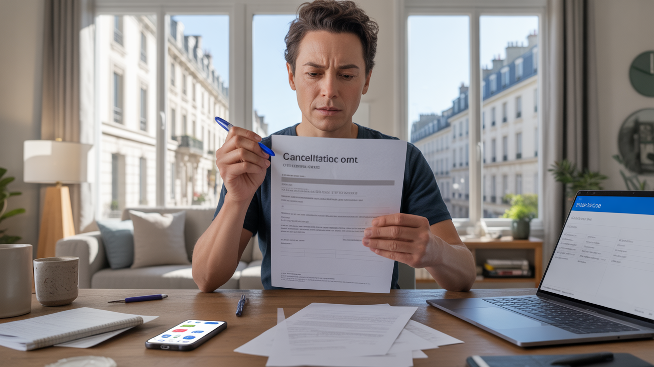 Personne examinant une lettre de résiliation de mutuelle santé dans un salon lumineux, avec documents, ordinateur et scène de rue française réaliste en arrière-plan.