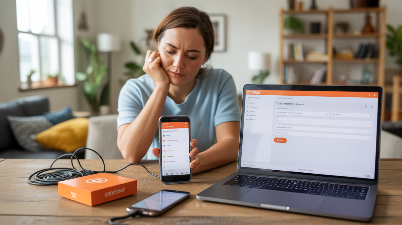 Personne dans un salon lumineux en train de préparer la résiliation de ses services Orange, avec smartphone, ordinateur et box internet sur une table.