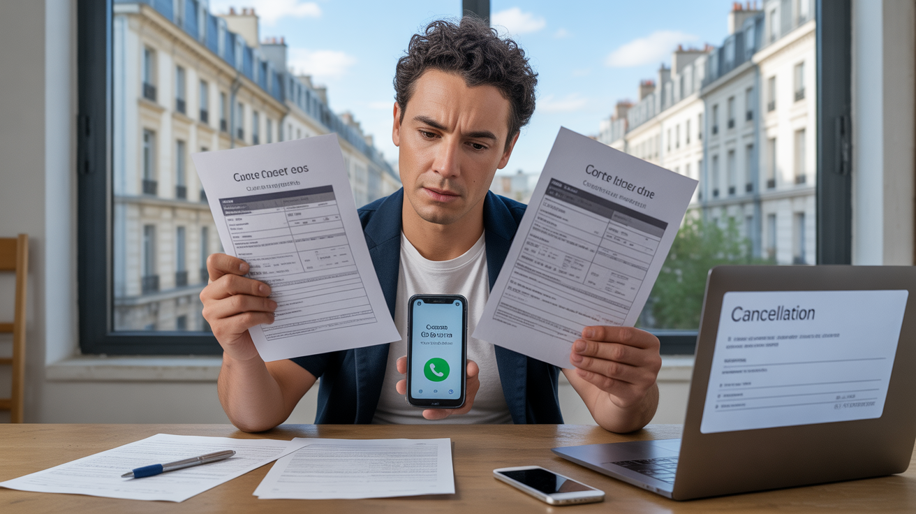 Scène réaliste d’une personne révisant des contrats de téléphonie dans un appartement français, avec smartphone, papiers et vue urbaine authentique en arrière-plan.