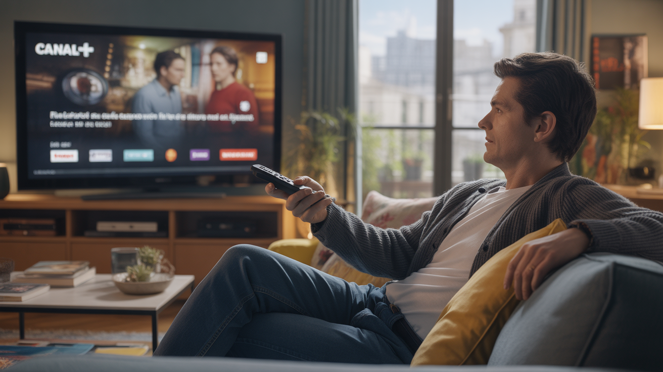 Personne dans un salon moderne regardant un écran affichant une interface Canal+ de manière réaliste, captée dans une scène naturelle et authentique.