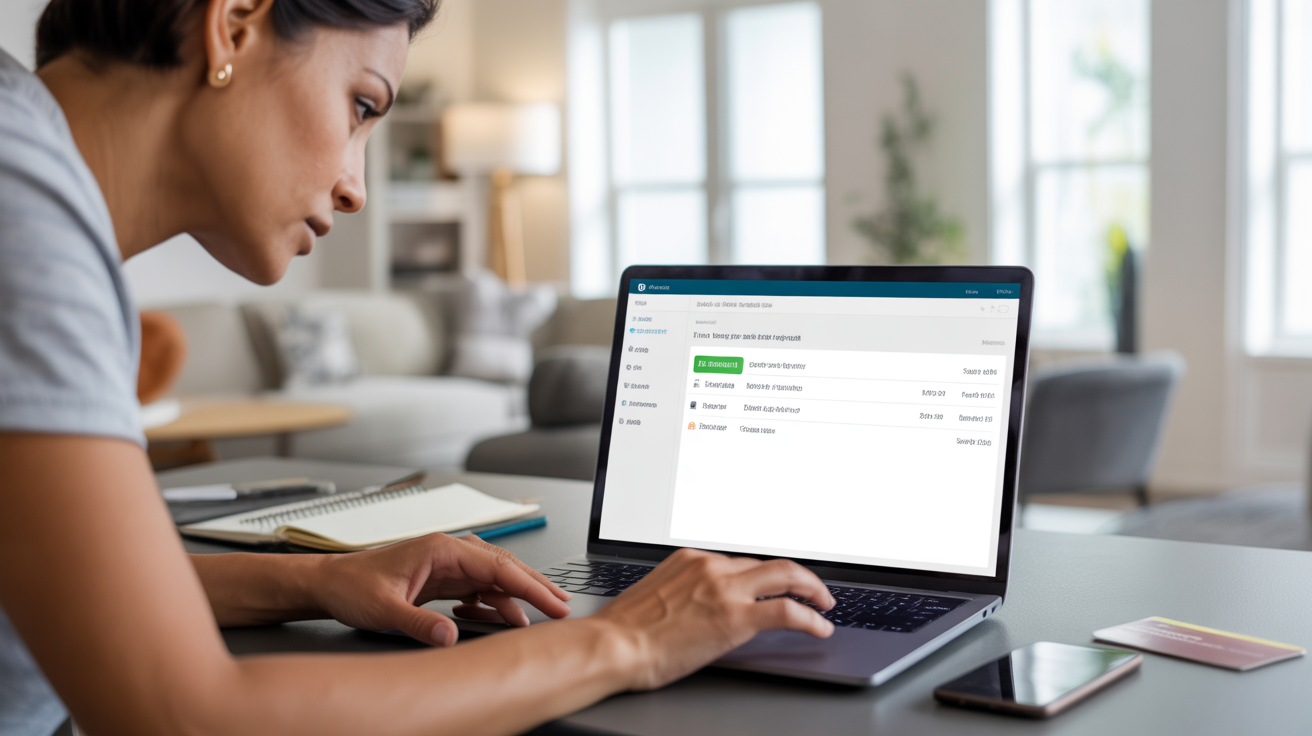 Personne consultant son espace bancaire en ligne pour gérer un virement permanent dans un intérieur moderne et naturel