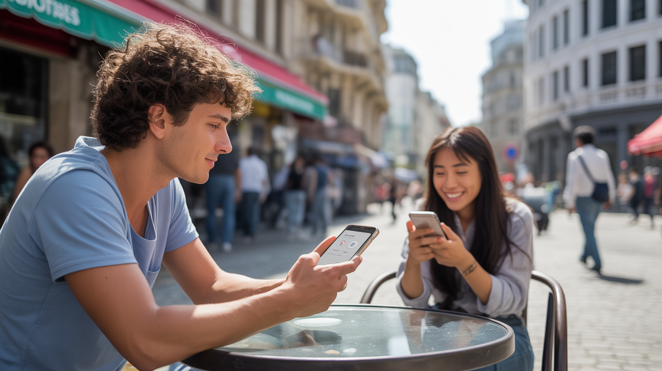 Scène réaliste montrant deux personnes dans des pays différents utilisant leur téléphone pour un transfert d’argent dans des environnements urbains authentiques.