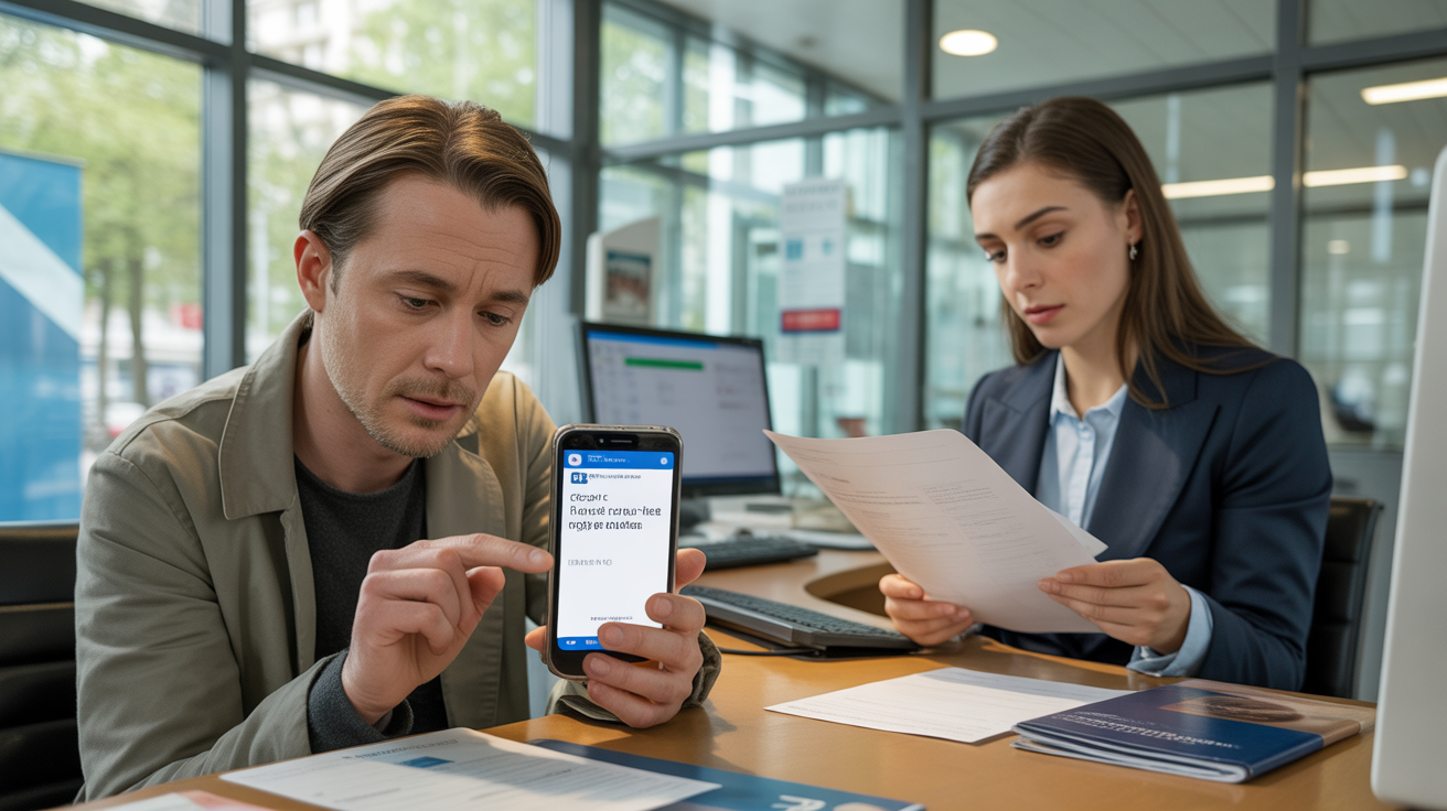 Scène réaliste dans une banque moderne montrant un client consultant un virement en attente sur son smartphone, avec un conseiller bancaire à ses côtés dans une ambiance naturelle et authentique.