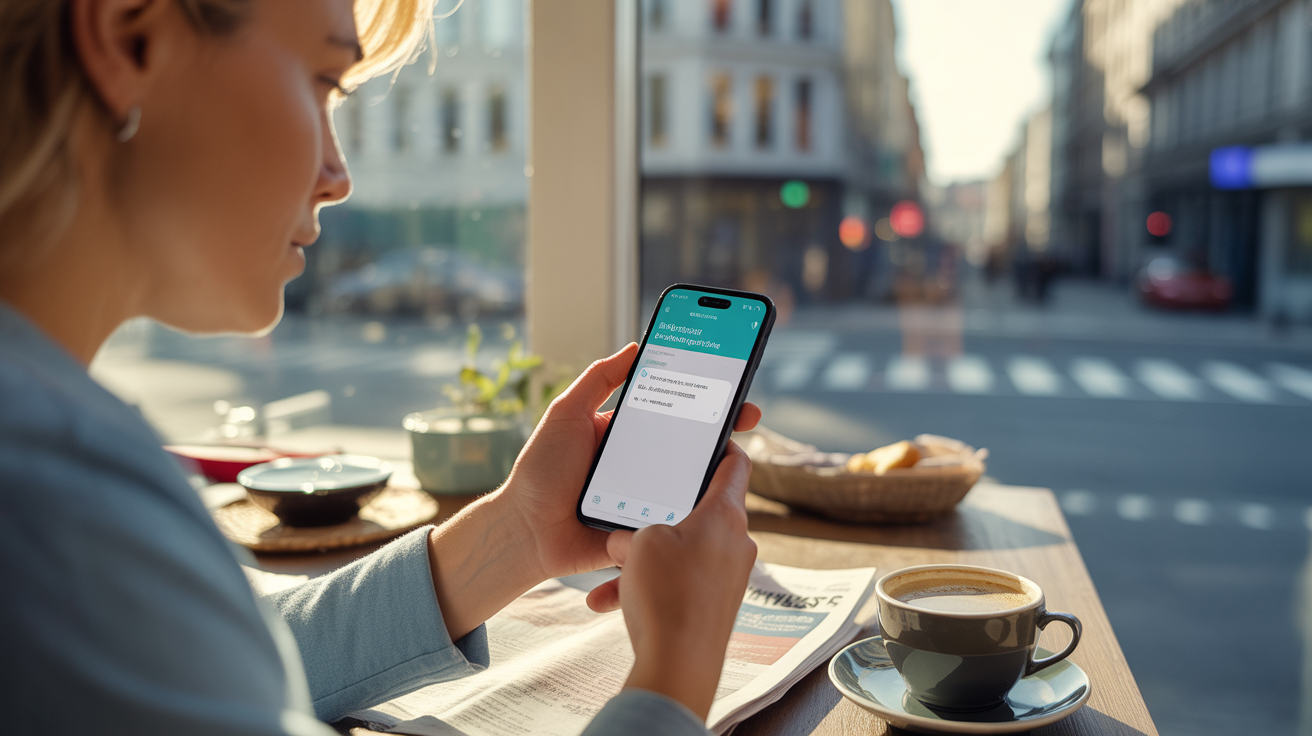 Personne vérifiant un virement en attente sur son smartphone un dimanche matin dans une scène réaliste et naturelle.