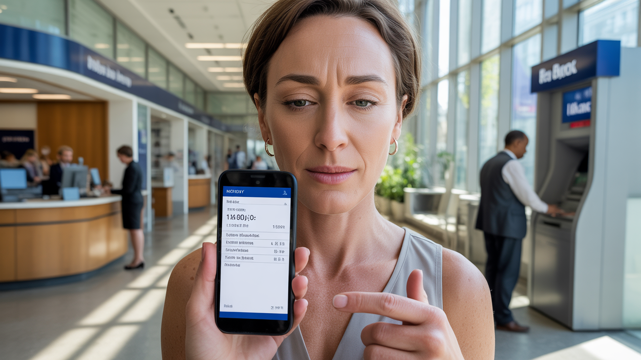 Scène réaliste dans une banque un lundi matin, avec un client consultant une notification de virement crédité sur son smartphone.