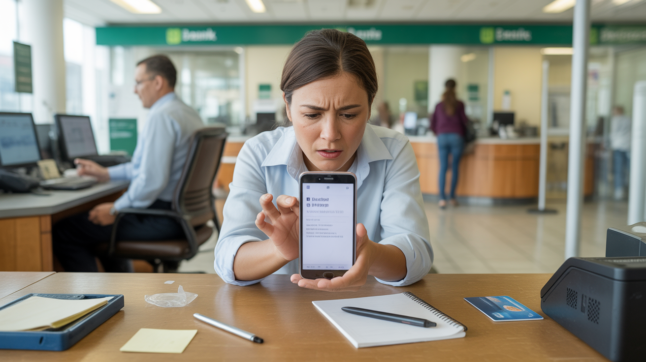 Scène réaliste dans une agence bancaire avec un client découvrant qu’un virement a été rejeté sur son smartphone.