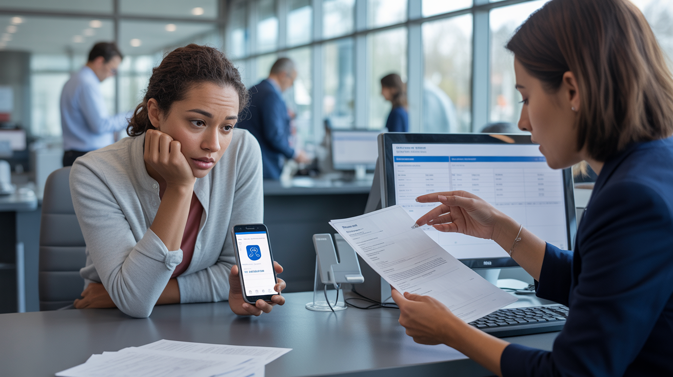 Scène réaliste dans une agence bancaire où un client inquiet consulte un virement bloqué sur son téléphone pendant qu’un conseiller bancaire l’aide à résoudre le problème.