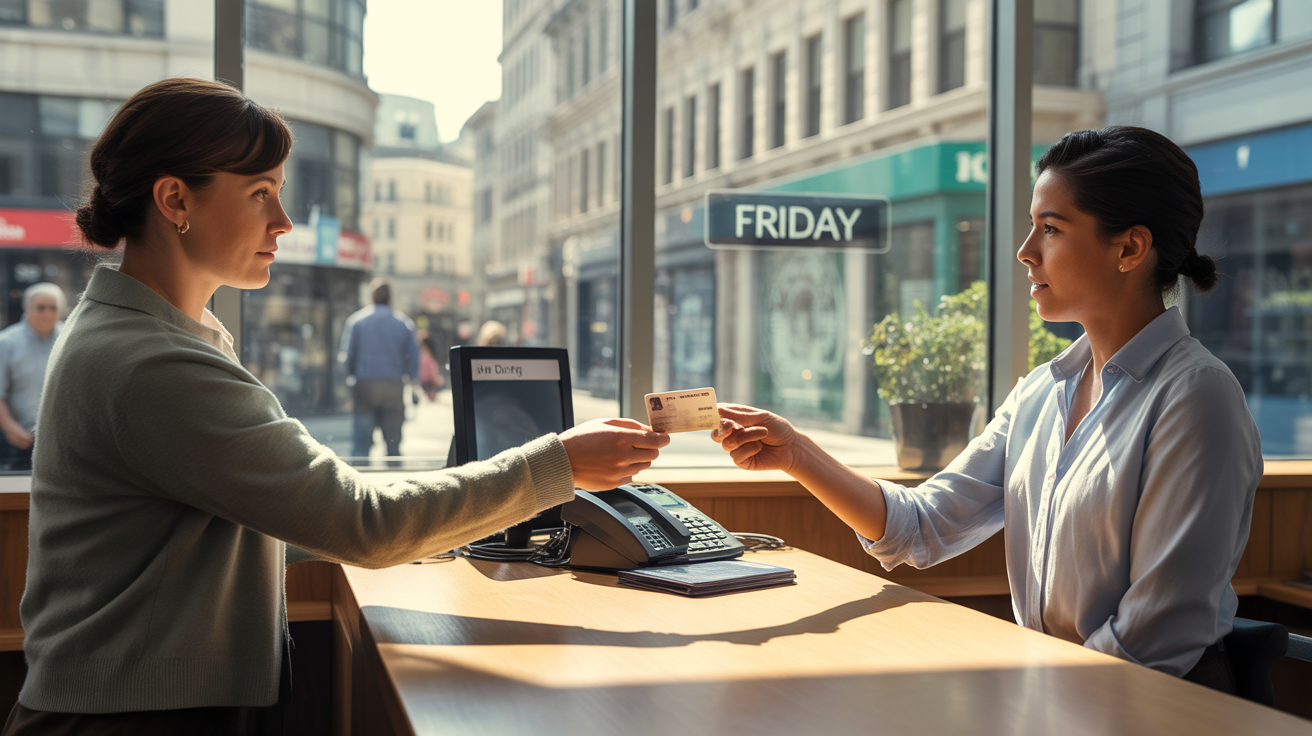 Scène réaliste dans une banque un vendredi après-midi, avec un client et un guichetier en pleine opération de virement.