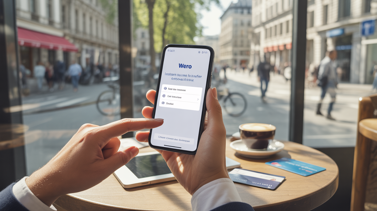 Personne utilisant son smartphone dans un café européen pour confirmer un virement instantané Wero, avec une scène réaliste et vivante en arrière-plan.