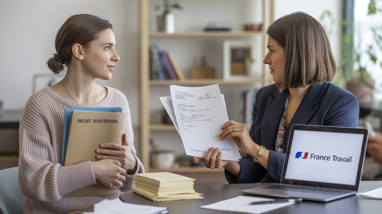 Un entrepreneur reçoit des documents officiels d’un conseiller France Travail dans un bureau moderne et réaliste, illustrant l’aide financière à la création d’entreprise.